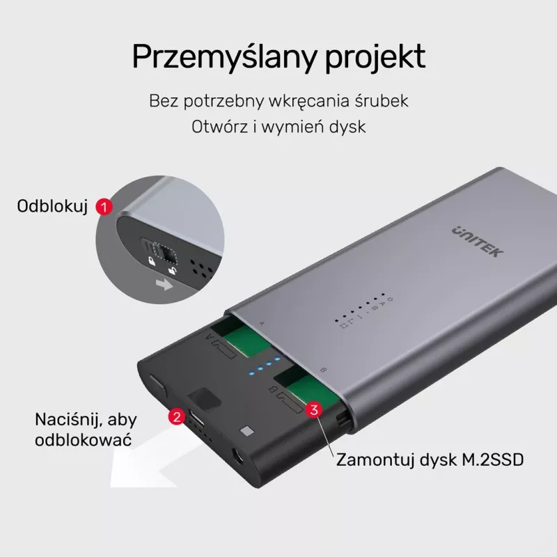 SSD-Gehäuse Unitek S1206A für 2× M.2 NVMe PCIe Gen3 x4 Laufwerke, USB 3.2 Gen 2 (10 Gbit/s), Aluminium, USB-C, inklusive Netzteil