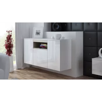 Sideboard Cama Meble VIVA 150 — weiß/weiß Hochglanz und Sonoma Eiche, 3 Türen, 5 Einlegeböden, 1500×450×800 mm