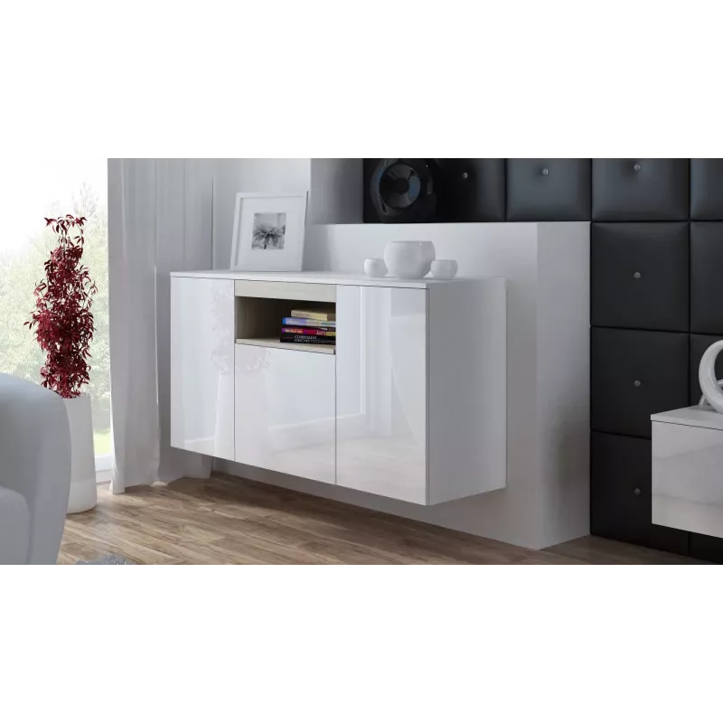 Sideboard Cama Meble VIVA 150 — weiß/weiß Hochglanz und Sonoma Eiche, 3 Türen, 5 Einlegeböden, 1500×450×800 mm
