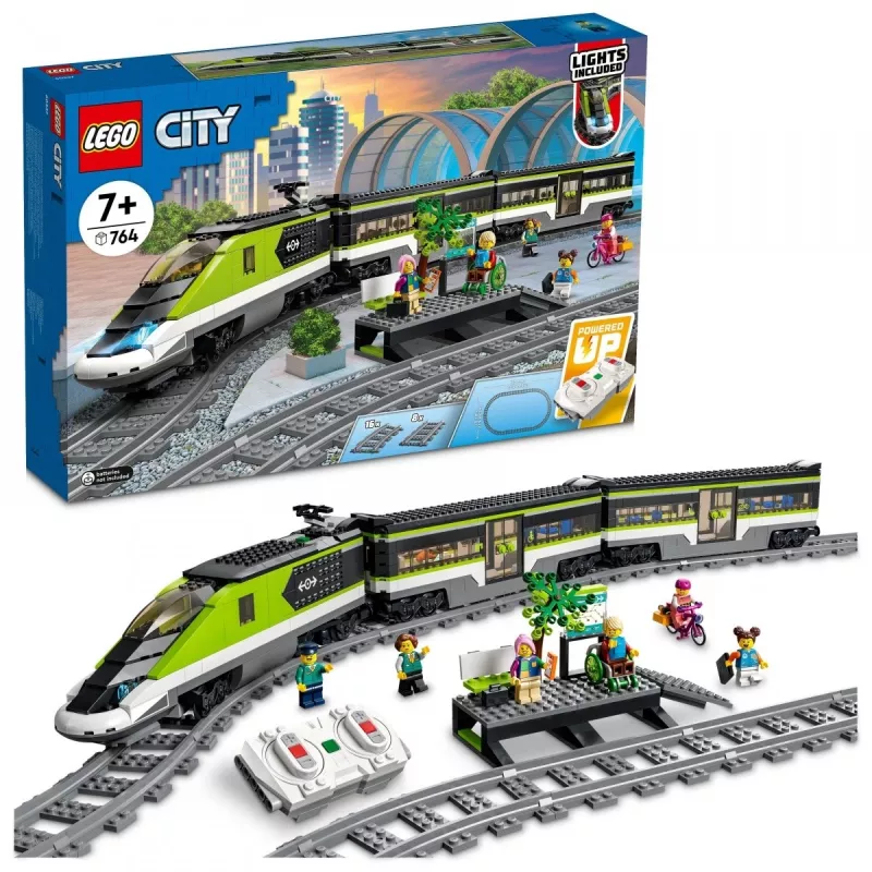 LEGO 60337 City Express Personenzug Set ferngesteuertes Spielzeug Geschenk für Kinder Jungen und Mädchen mit funktionierenden Scheinwerfern 2 Waggons und 24 Schienenteilen