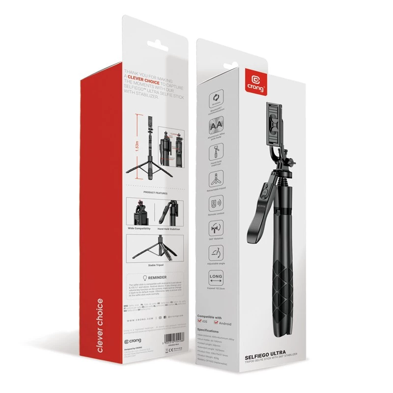 Stativ-Selfie-Stick Crong CRGSGU1BLK Aluminium Bluetooth mit klappbaren Beinen und Handyhalterung