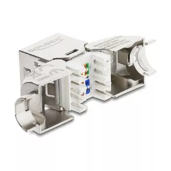 DeLOCK Keystone-Modul RJ45-Buchse auf LSA Cat.6A Metallverriegelung werkzeugfrei 90° abgewinkelt geschirmt