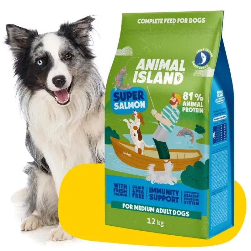 Trockenes Hundefutter Animal Island Adult Medium Salmon 12 kg — Alleinfuttermittel für mittelgroße Rassen, 32% Protein, 16% Fett, getreidefrei