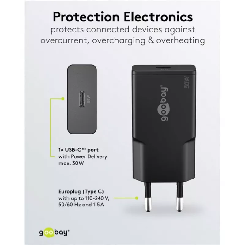 Goobay USB-C™ PD GaN Schnellladegerät schlank (30 W) schwarz