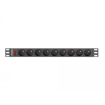 Power Distribution Unit LANBERG PDU-09E-0300-BK — 9x Steckdosen Typ E, 16 A, 220–250 V, 3 m Kabel, 1U-Rack, 19 Zoll