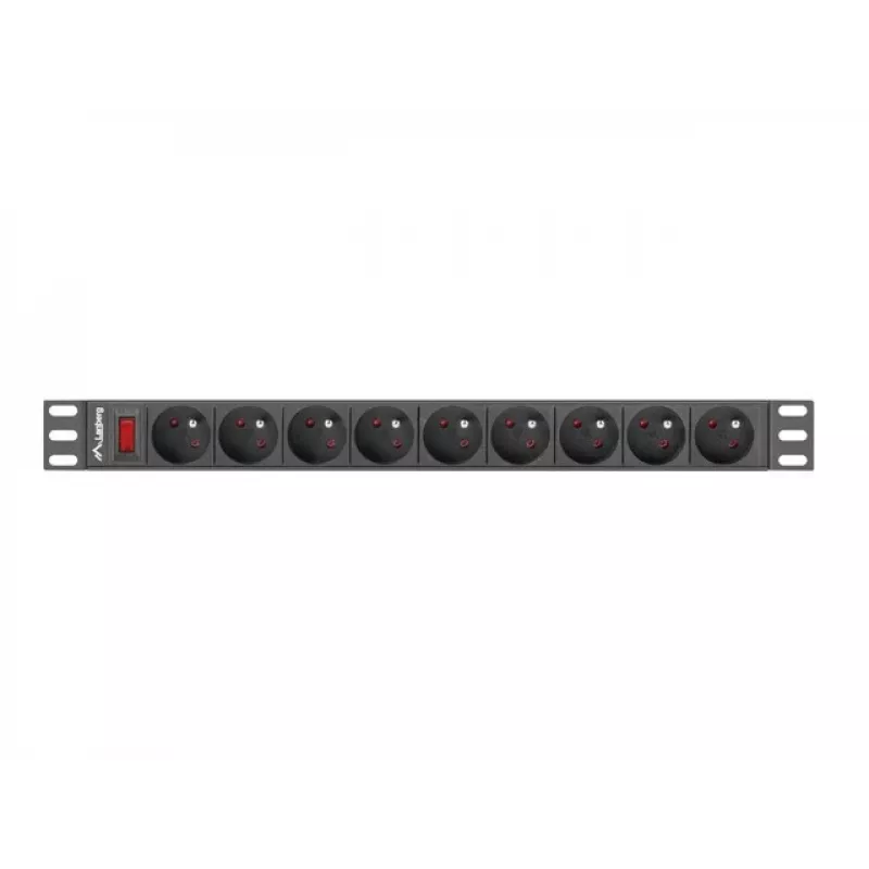 Power Distribution Unit LANBERG PDU-09E-0300-BK — 9x Steckdosen Typ E, 16 A, 220–250 V, 3 m Kabel, 1U-Rack, 19 Zoll