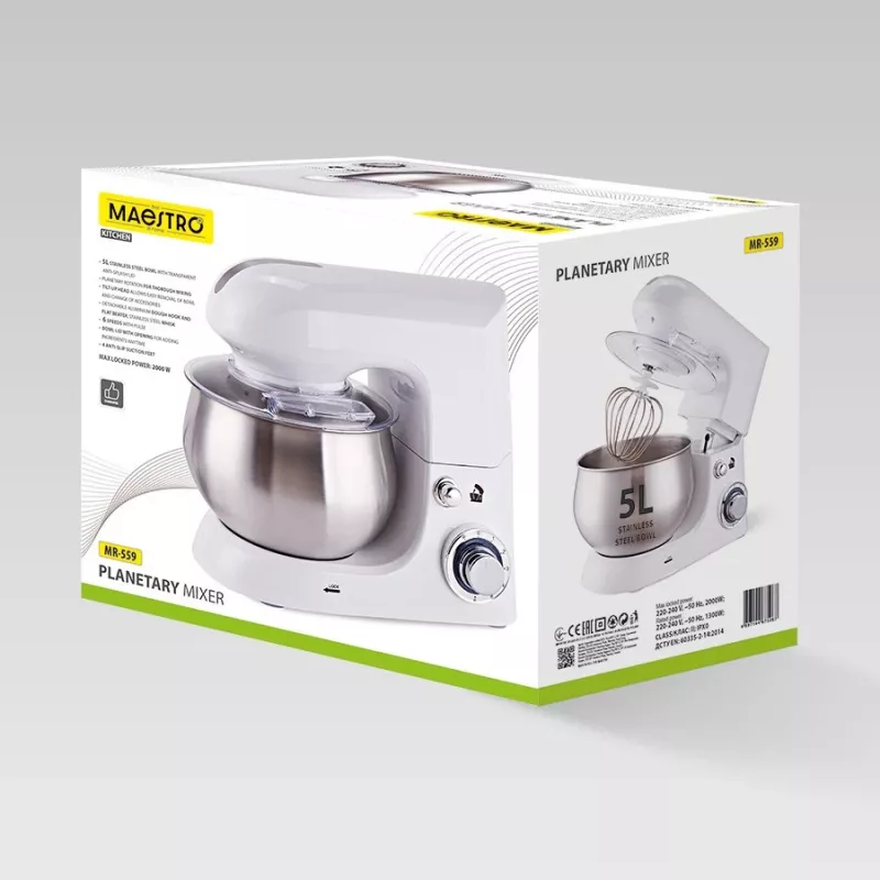Planetenrührer Maestro MR-559 Standmixer, 5,0 L Edelstahlschüssel, 2000 W, 6 Geschwindigkeiten, Drehregler