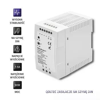 Qoltec 50914 Hutschienen-Netzteil | 90W | 12V | 7,5A | Weiß | schlank