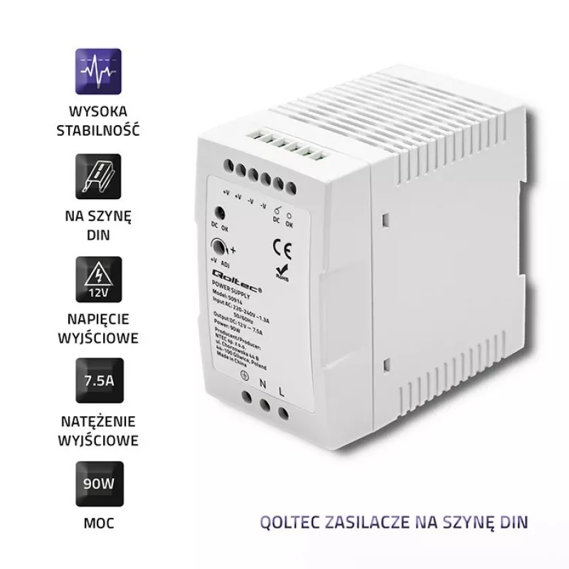 Qoltec 50914 Hutschienen-Netzteil | 90W | 12V | 7,5A | Weiß | schlank