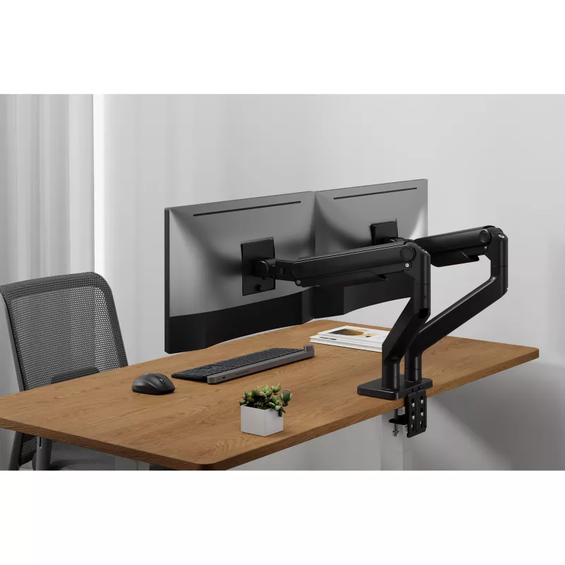 DIGITUS Dual-Monitorhalterung für 2×45 Zoll Bildschirme, Tischklemme, 2×20 kg, VESA 75×75–100×100, Neigung -20–50°