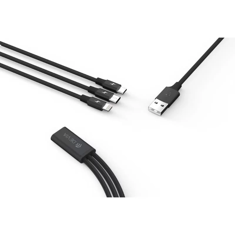 USB 3-in-1 Lade-/Datenkabel Devia Kintone Series — Lightning, Micro-USB, USB-C, 1,2 m, schwarz