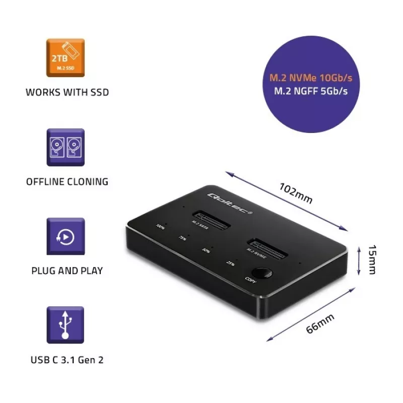 Qoltec 52274 M.2 SSD-Dockingstation | NVMe | SATA | USB-C | DUAL 2 x 2TB