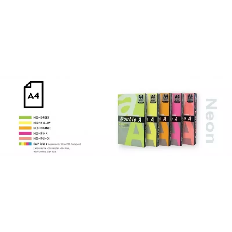 Color Neon-Papier Double A, 75 g, A4, 100 Blatt, Regenbogen 4, 5 Neonfarben