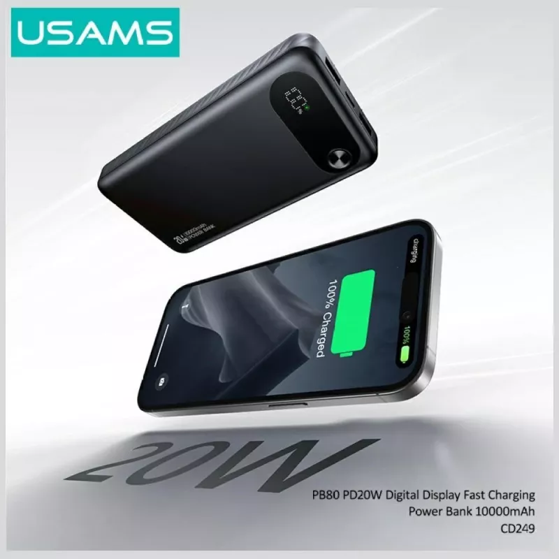 Powerbank usams PB80 PD20W 10000mAh — tragbarer Ladegerät, schwarz