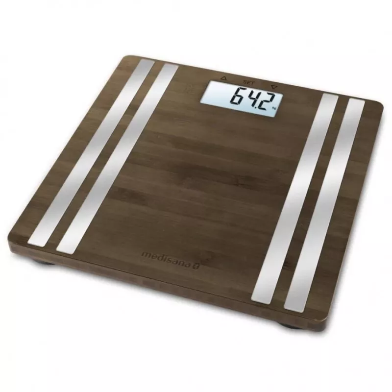 Elektronische Personenwaage Medisana BS 552 — silberfarben mit Bambus-Oberfläche, max. 180 kg, 100-g-Genauigkeit, Bluetooth, BMI, Körperzusammensetzung