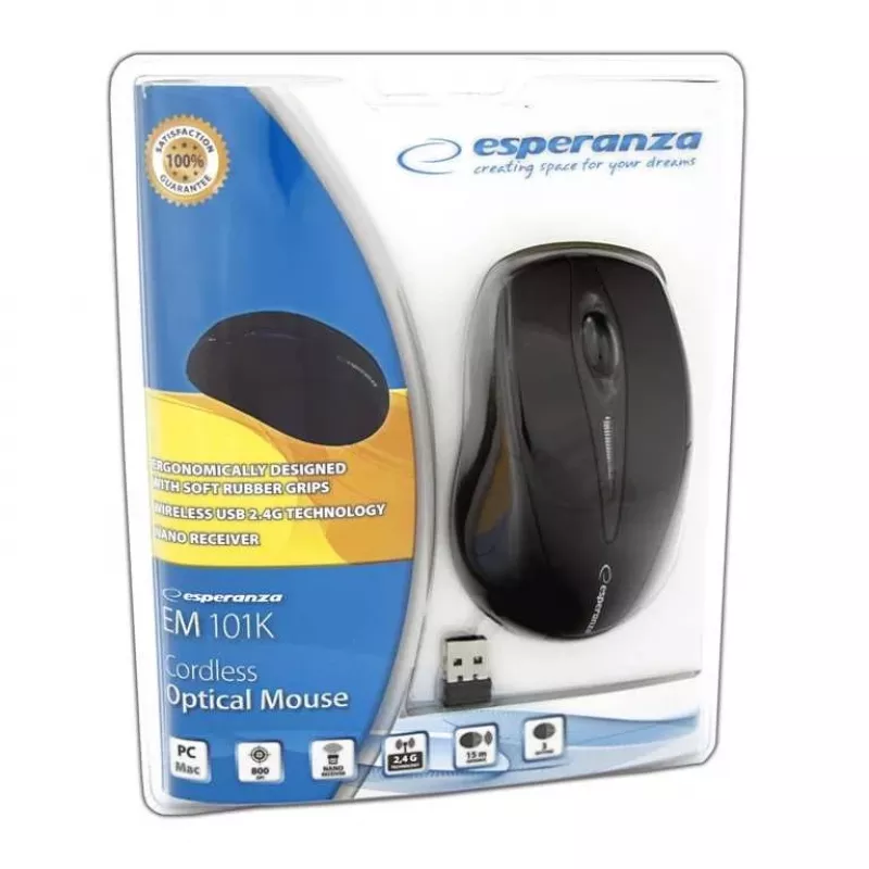 Kabelgebunden? Nein – Kabellose RF-Maus ESPERANZA EM101K, beidhändig, 1000 DPI, 2,4 GHz Nano-USB-Empfänger, schwarz