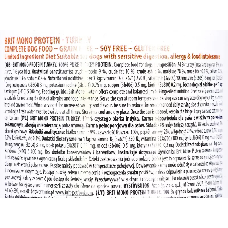 BRIT Mono Protein Truthahn - Nassfutter für Hunde - 400 g