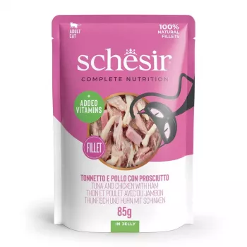 SCHESIR in Gelee Thunfisch und Hähnchen mit Schinken - Nassfutter für Katzen - 85 g