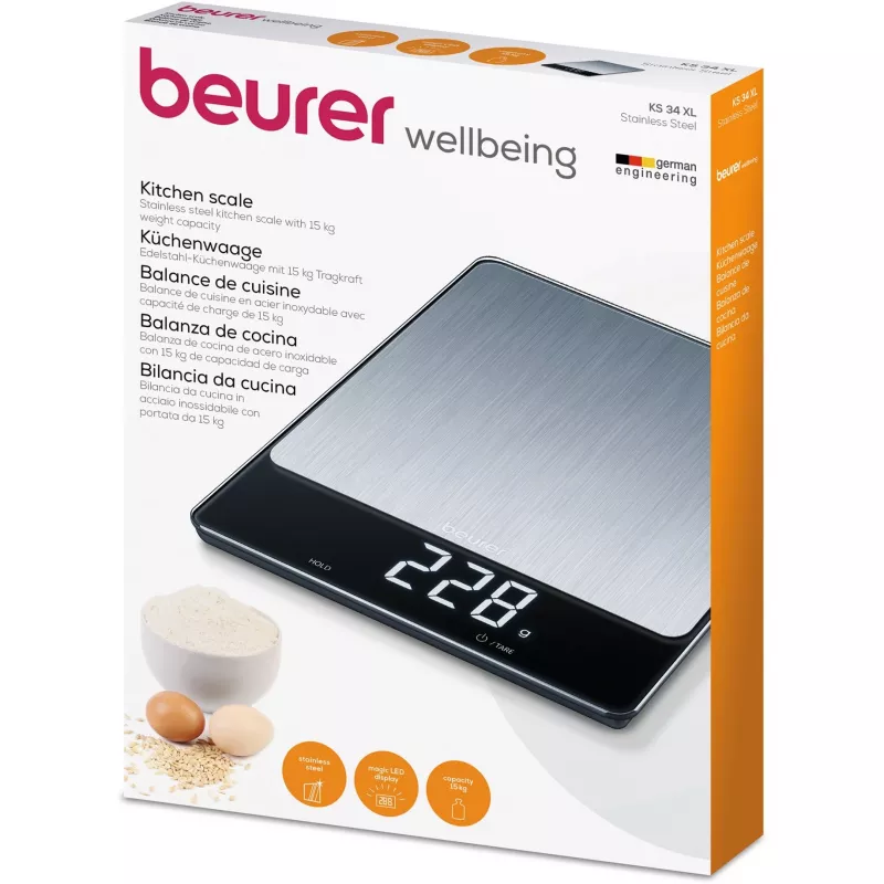 Küchenwaage Beurer KS 34 XL Edelstahl, Kapazität 5 kg, Genauigkeit 1 g