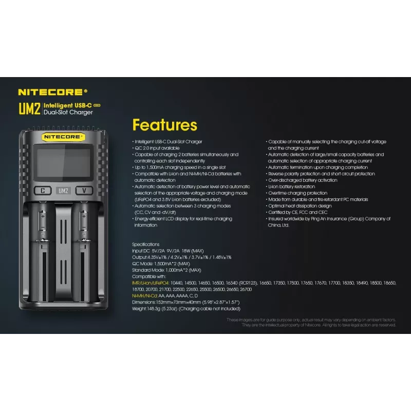 Nitecore UM2 Akkuladegerät Haushaltsbatterie DC Lithium-Ionen Nickel-Cadmium