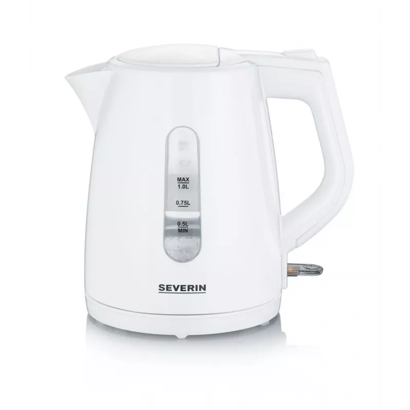 Elektrischer Wasserkocher SEVERIN 1 L 2200 W weiß – kabellos, 360° Basis, verdecktes Heizelement