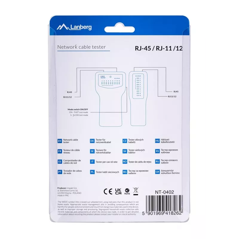 PoE-Tester LANBERG NT-0402 — PoE-Netzwerkkabeltester mit RJ-45/RJ-11-Unterstützung, LED-Anzeigen, Betriebs-LED, Ein-/Ausschalter