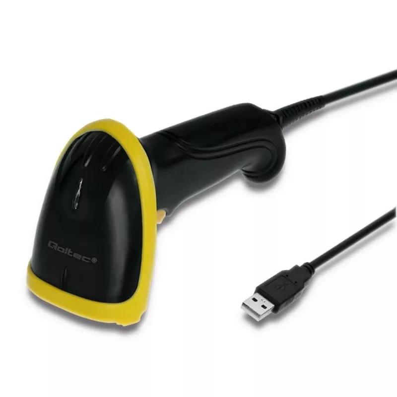 Hand-Barcodelesegerät QOLTEC 50867 — 1D/2D-Laserscanner, USB kabelgebunden, 600 mm Reichweite, gelb/schwarz