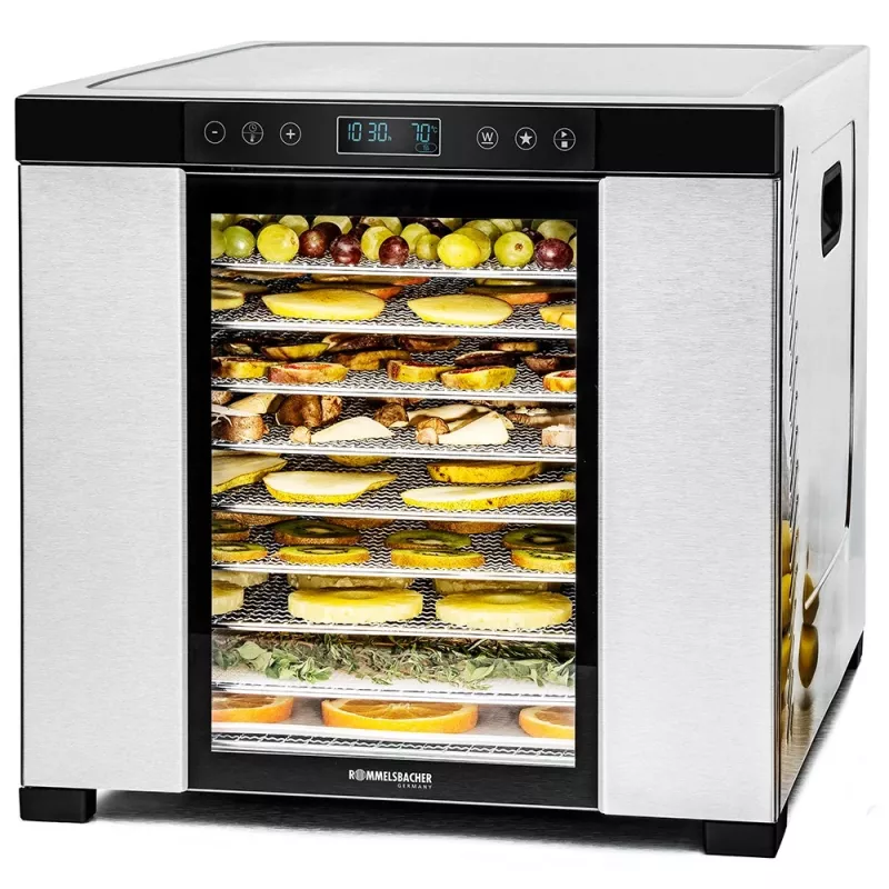 Dörrautomat Rommelsbacher DA1050, Edelstahl, 5 Etagen (10 Edelstahlbleche), einstellbar 35–75 °C, 99 h Timer, 1,6 m² Trockenfläche