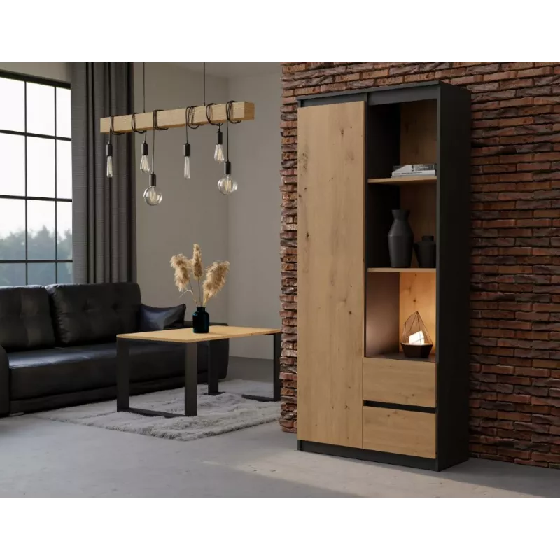 Top e Shop RS-80 BILY Bücherregal, anthrazitfarbener Rahmen, Artisan-Eiche-Tür, 7 Regale, 2 Schubladen, 1800×800×350 mm