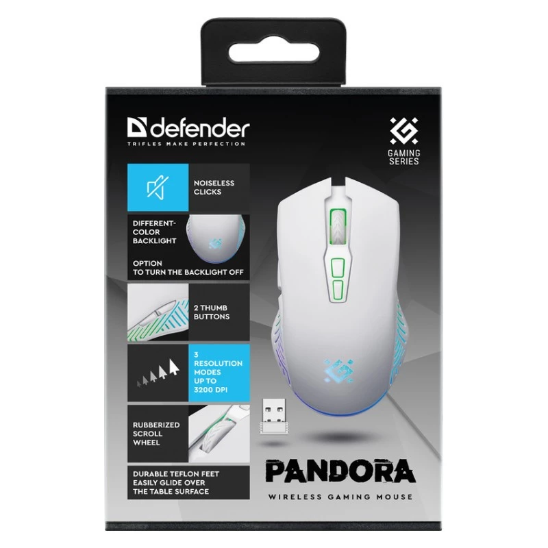 Kabellose Gaming-Maus DEFENDER Pandora White – beidhändig, 3200 DPI, 6 Tasten, programmierbar, optisch, USB