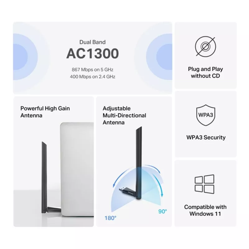 TP-LINK AC1300 High Gain Wi-Fi USB Adapter 400 Mbps at 2.4GHz + 867 Mbps at 5GHz