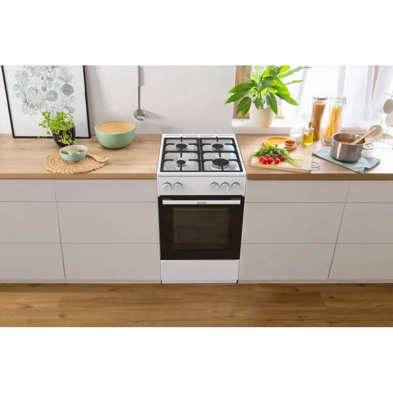 Freistehender Gasherd mit Backofen Gorenje GG5A10WFFM — 4-Flammen-Kochfeld, 70 l Backofen, emaillierte Oberfläche, weiß