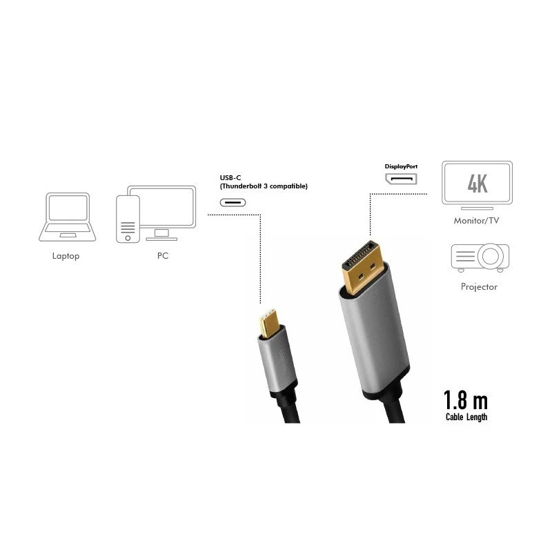 LogiLink CUA0100 Kabeladapter DisplayPort USB 3.2 Gen1 Type-C 1,8m Schwarz Grau