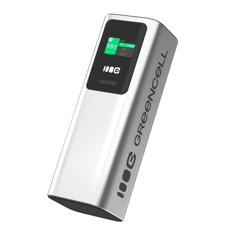 Tragbare Batterie Green Cell PBGC25UD, 25200 mAh, Li‑Ion, 140 W Gesamtleistung, 2× USB‑C + 1× USB‑A, OLED-Display, Aluminiumgehäuse