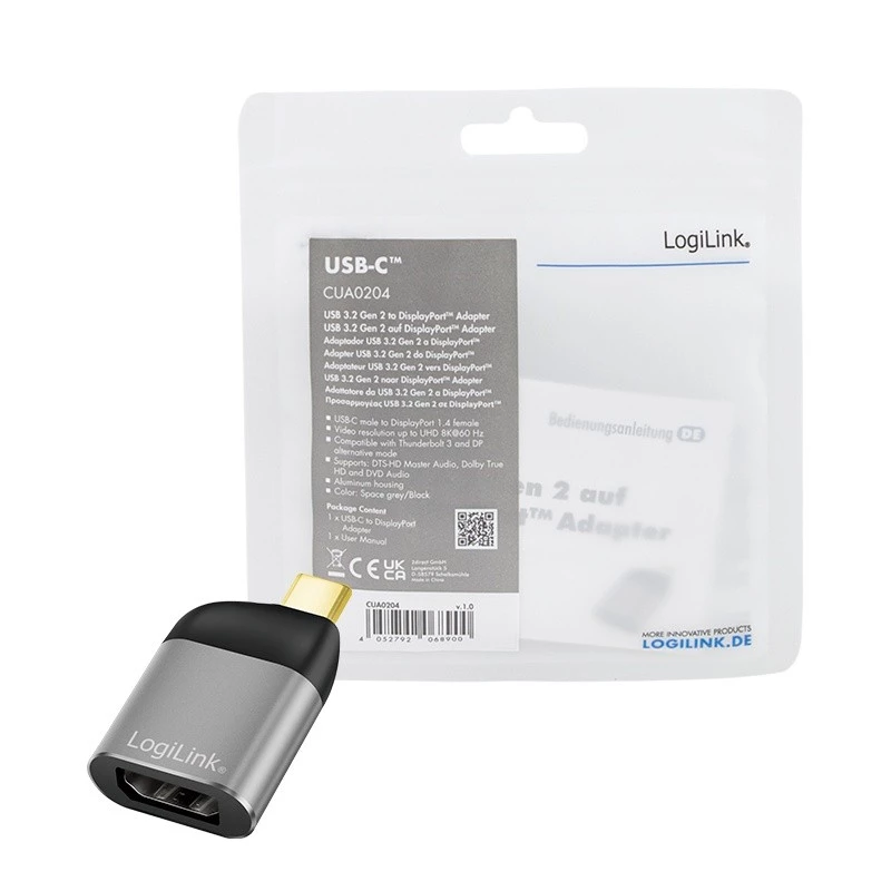 LogiLink CUA0204 USB-C auf DisplayPort Adapter Schwarz Grau