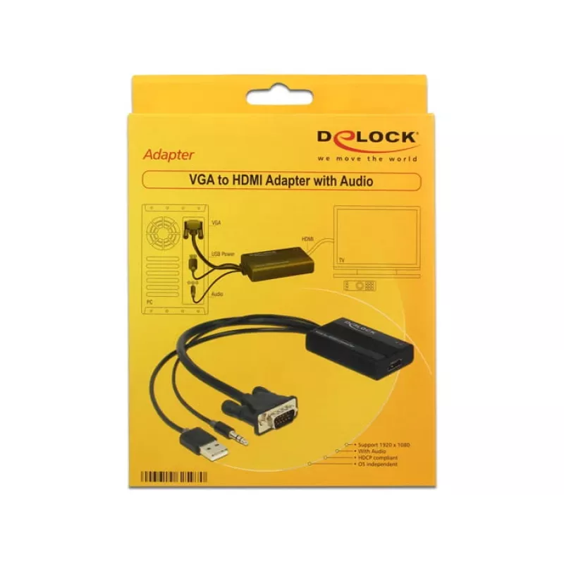 Video-Adapterkabel DeLOCK 62597 0,25 m HDMI Typ A VGA D-Sub 3,5 mm USB Typ-A Schwarz