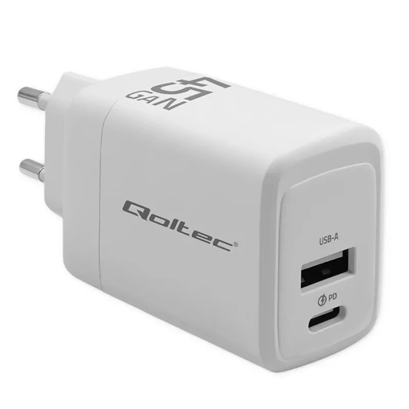 GaN 45W Ladegerät 5V 20V 1,5A 3A, 1x USB-C PD, 1x USB-A