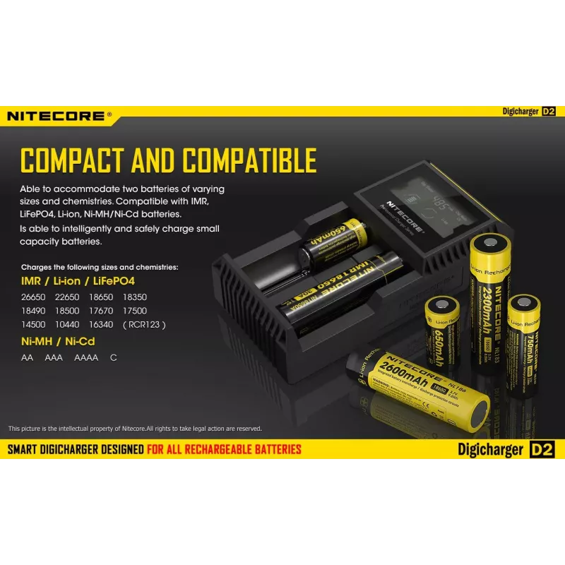 Batterieladegerät Nitecore D2 — 2‑Schacht-Ladegerät für AA/AAA/AAAA/C-Akkus, 100–240V Eingangsspannung, 4,2V Ausgangsspannung, schwarz