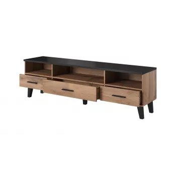 TV-Unterschrank Cama Meble LOTTA 180 cm — Gestell in Wotan-Eiche, matte schwarze Deckplatte, 1800×400×530 mm