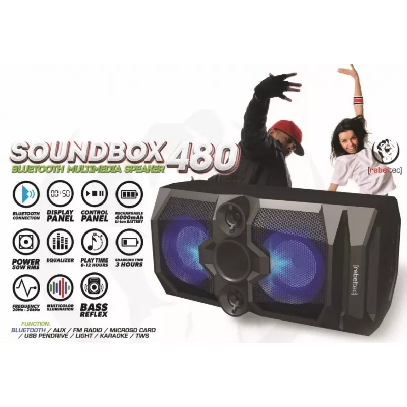 Rebeltec SoundBox 480 Tragbarer Bluetooth-Stereo-Lautsprecher Schwarz, 50W RMS