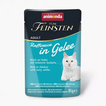 ANIMONDA Vom Feinsten Adult Raffinesse in Gelee reich an Huhn mit Schwarzseelachs - Nassfutter für Katzen - 85g