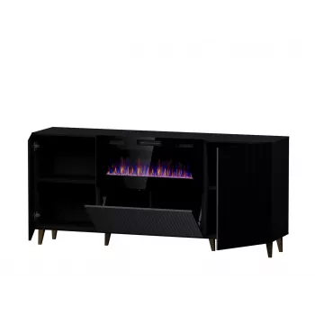 Kommode mit elektrischem Kamin Cama Meble PAFOS 180x42x82 cm mattschwarz, 3 Türen, 2 Einlegeböden, 1400–1600 W