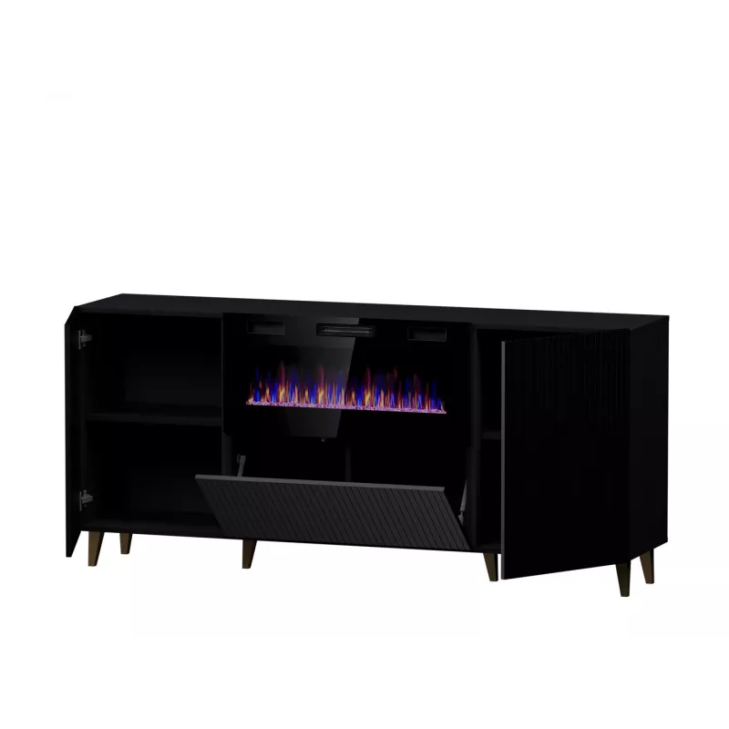 Kommode mit elektrischem Kamin Cama Meble PAFOS 180x42x82 cm mattschwarz, 3 Türen, 2 Einlegeböden, 1400–1600 W