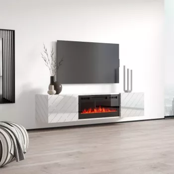 TV-Schrank cama meble LUXE 1826×345×375 mm weiß glanz mit eingebautem schwarzen elektrischen Kamin (1400–1600 W)