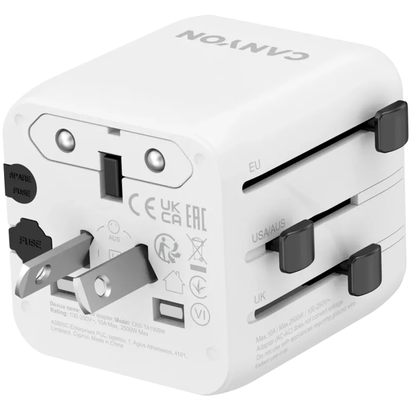 Reiseadapter CANYON OnTour One EU UK US AUS Weiß (CNS-TA1005W) – universelle Steckerkonvertierung für EU/UK/US/AUS
