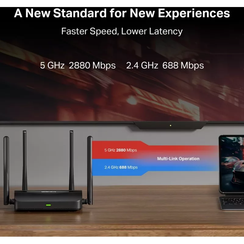 Tischrouter MERCUSYS MR25BE EasyMesh Wi‑Fi 7 Dual‑Band 2,4/5 GHz, 3600 Mbit/s, 3× Gigabit-LAN, 4 externe Antennen