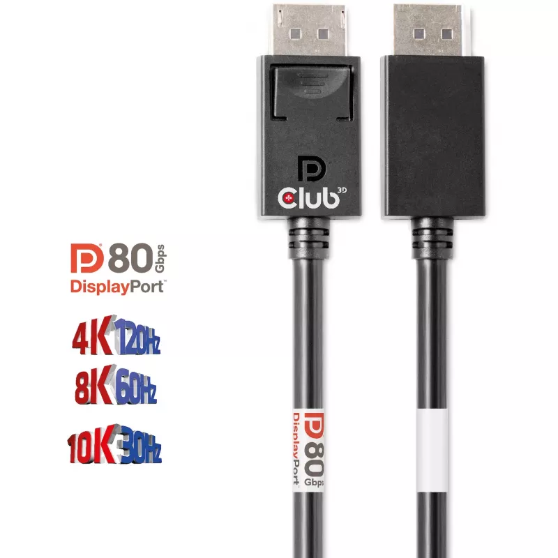 CLUB3D DisplayPort 2.1 Bi-Direktionales VESA DP80 Zertifiziertes Kabel 4K240Hz, 8K60Hz oder 10K30Hz M/M 1,2 m