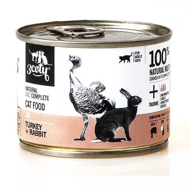 Nassfutter für Katzen 3coty 26 Truthahn und Kaninchen – 180 g Dose, ausgewachsen, getreidefrei, glutenfrei, für allergische Katzen