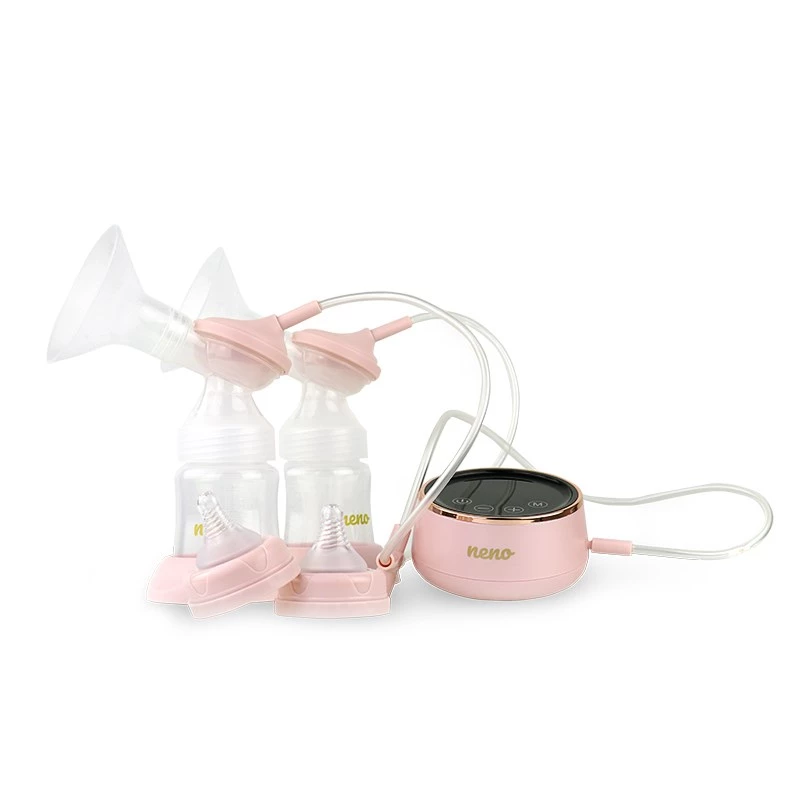 Elektrische Milchpumpe neno Bella Twin – elektronisch, 150 ml Flaschen, 6 Stimulations- / 9 Saugstufen, USB Li‑Ionen‑Akku, rosa/transparent