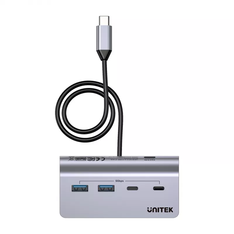 USB-Hub Unitek H1337AGY01 – 4 Ports (2×USB-C, 2×USB-A), bis zu 5 Gbit/s pro Port, Aluminium, Silber